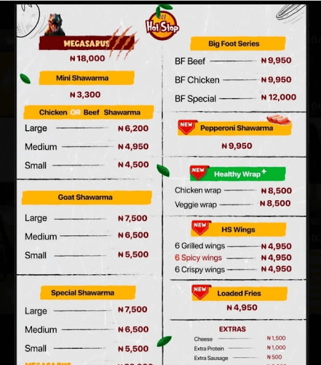 Menu of Hotspot shawarma, one of the popular shawarma spots in Abuja.
