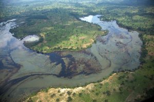 Oil spill in Ogoniland, Niger Delta, showing polluted water and destroyed environment, representing the struggle for ecological justice in Nigeria