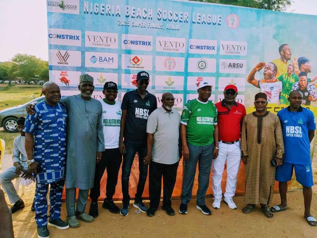 NBSL executives and dignitaries pose at the 2025 Nigeria Beach Soccer League Super Finals in Abuj