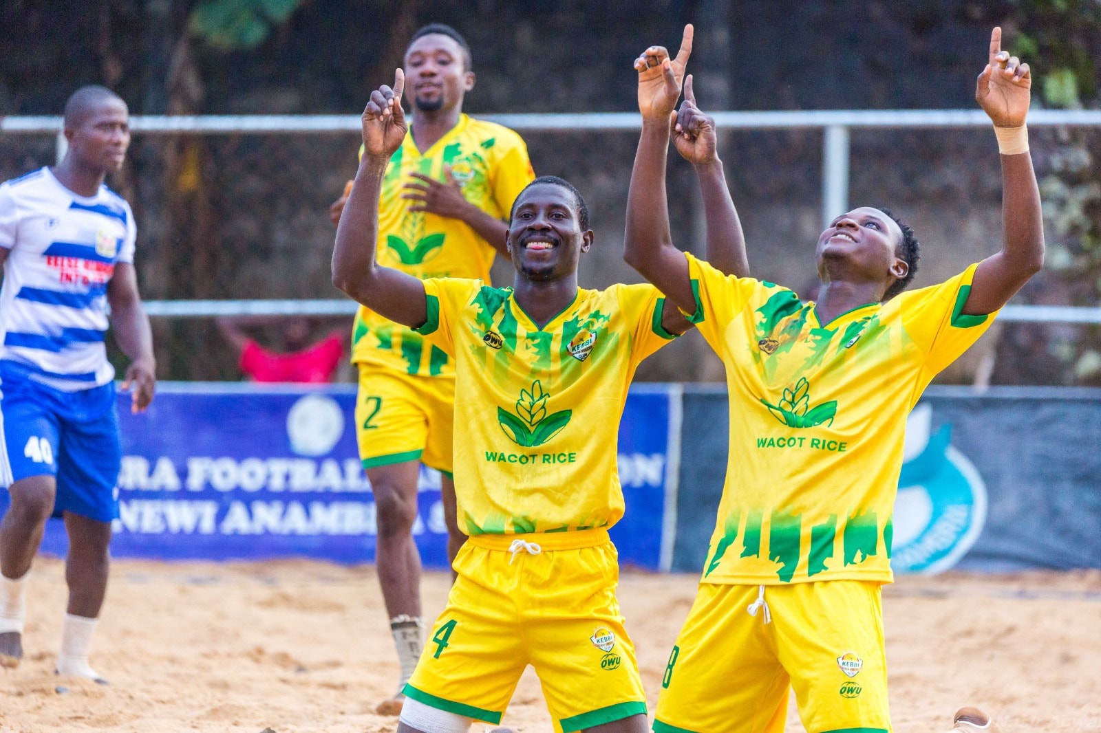 Players celebrate a goal during a 2025 Nigeria Beach Soccer League (NBSL) match
