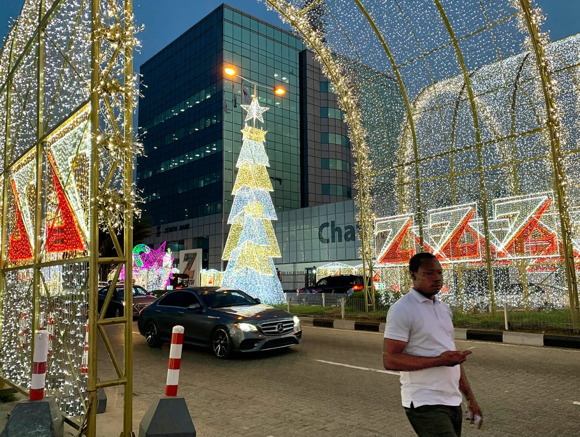 Festive lights and holiday decorations on the streets of Nigeria in celebration of a Nigerian Christmas festival.