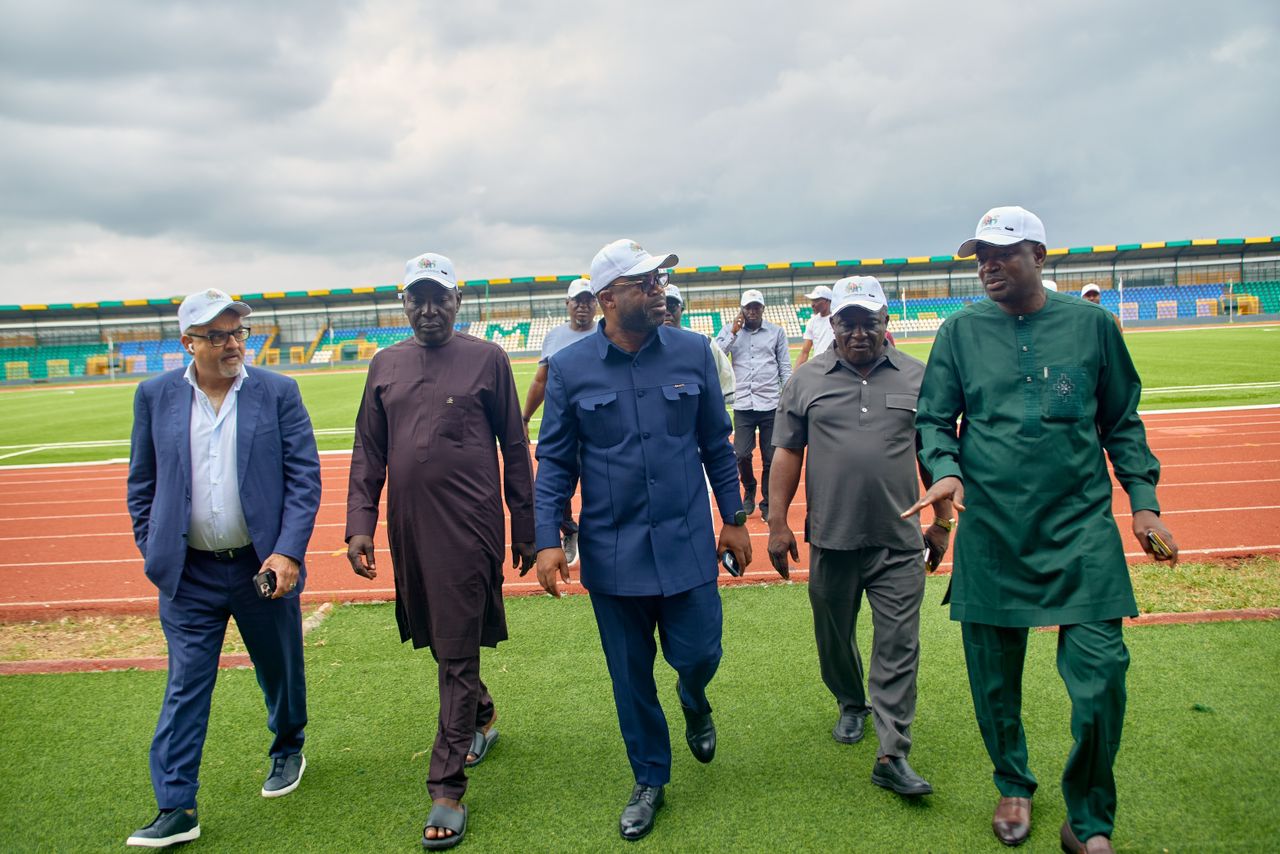 Nigerian sports officials and dignitaries inspecting athletics track and stadium facilities ahead of a major competition