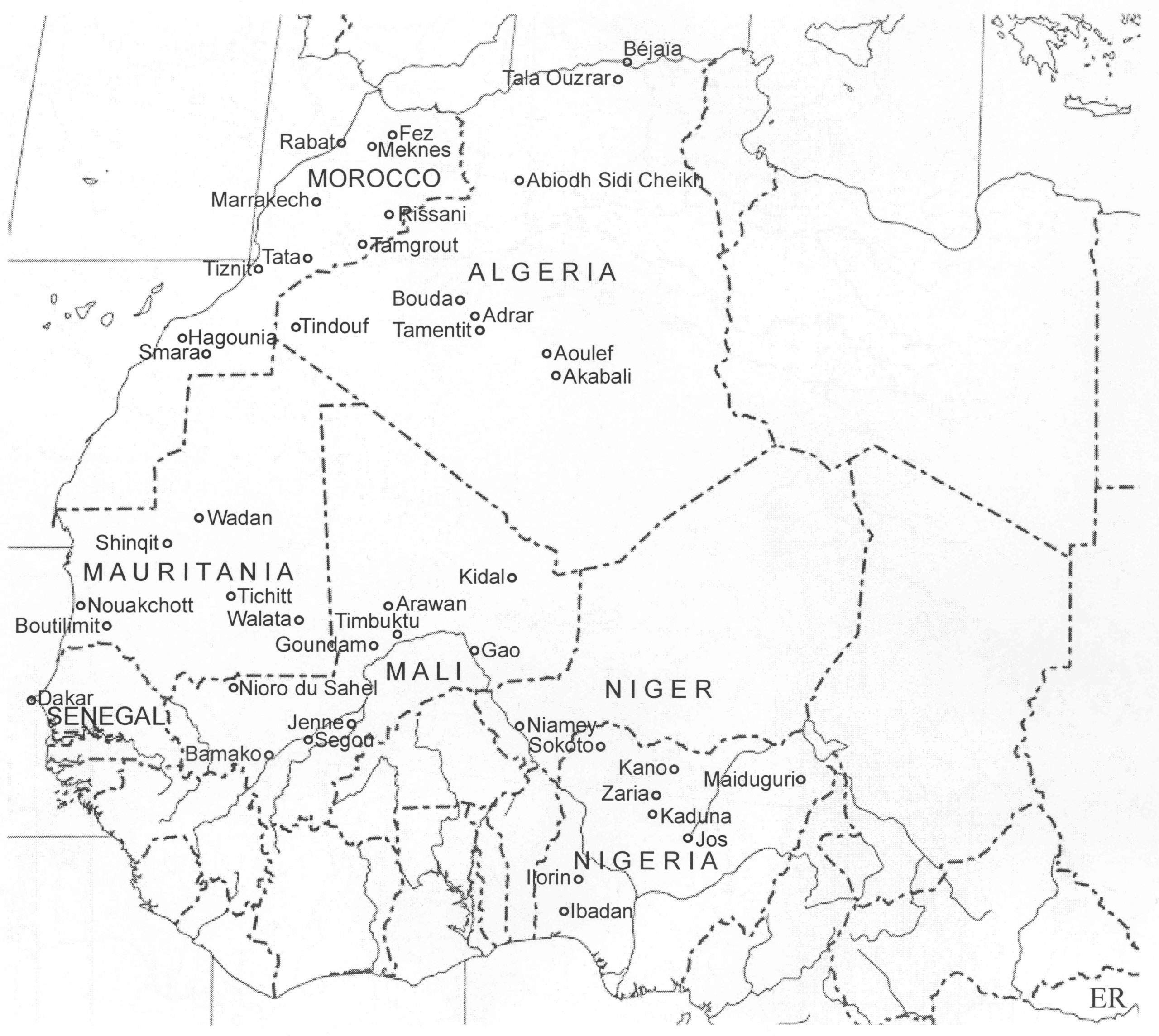 A picture of a map showing major trans-Saharan trade routes connecting West Africa to North Africa and the Mediterranean.