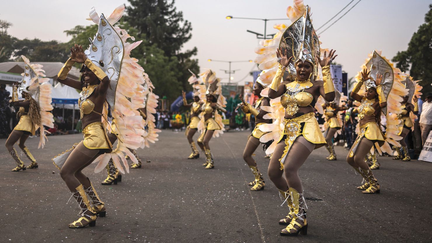 Festive dance on the streets of Calabar in celebration of a Nigerian Christmas festival.

