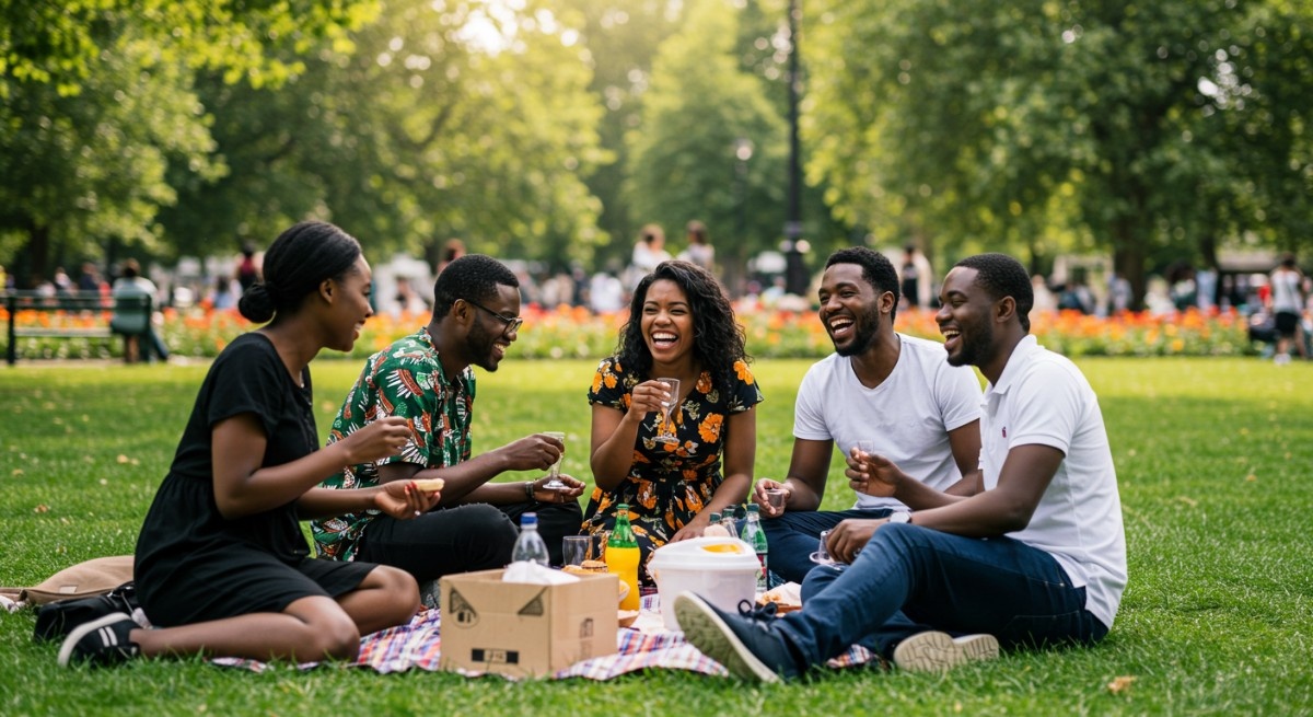  Happy friends laughing while enjoying a picnic.
