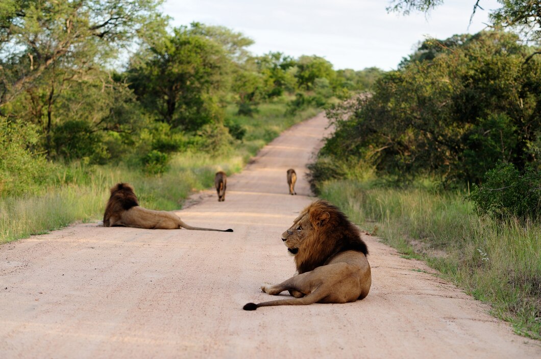 Safari Tourism in Africa: A group of magnificent lions on a gravel road surrounded by grassy fields