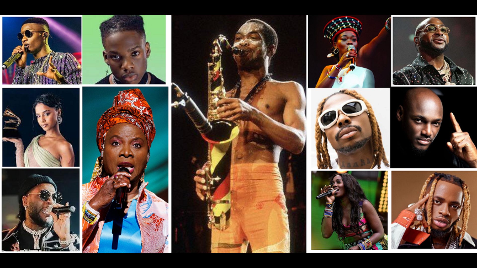 A mosaic of prominent African musicians, with Fela Kuti at the center.