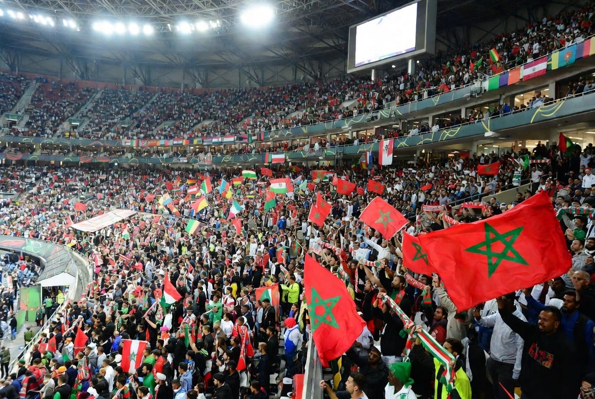 Moroccan and international supporters at a packed stadium during AFCON 2025