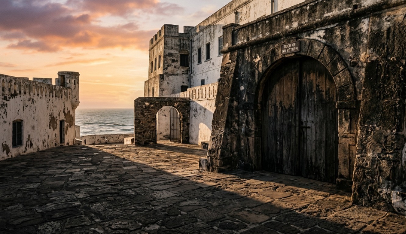 The ‘Door of No Return’ under a setting sun is a powerful reminder of Ghana’s historical significance and the resilience of its people.