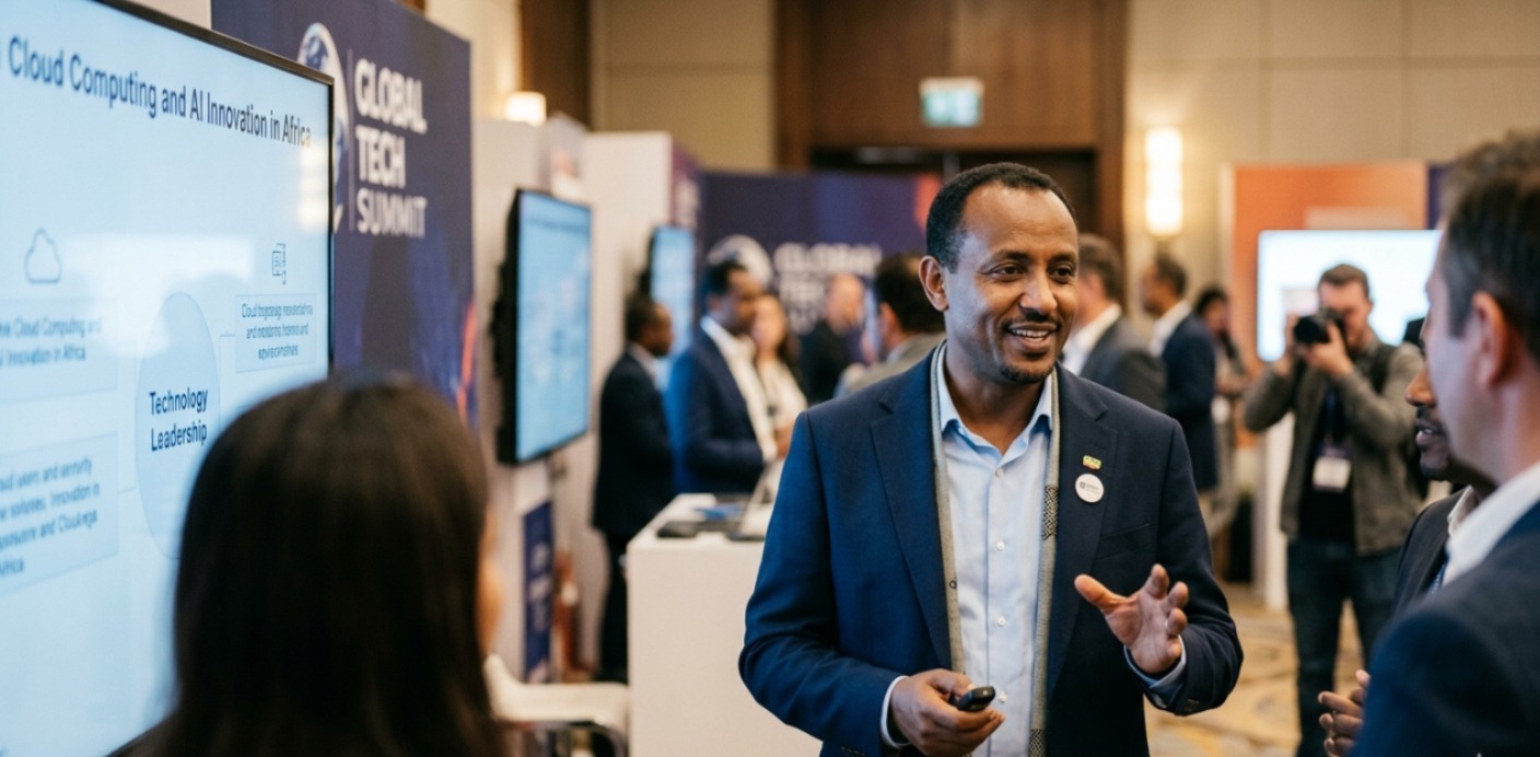 Besufekad Getachew, a driving force in Ethiopia’s tech landscape, engages with fellow leaders at a global summit. His leadership centres on leveraging Cloud Computing and AI to transform traditional industries—like the premier hospitality seen at Kuriftu.