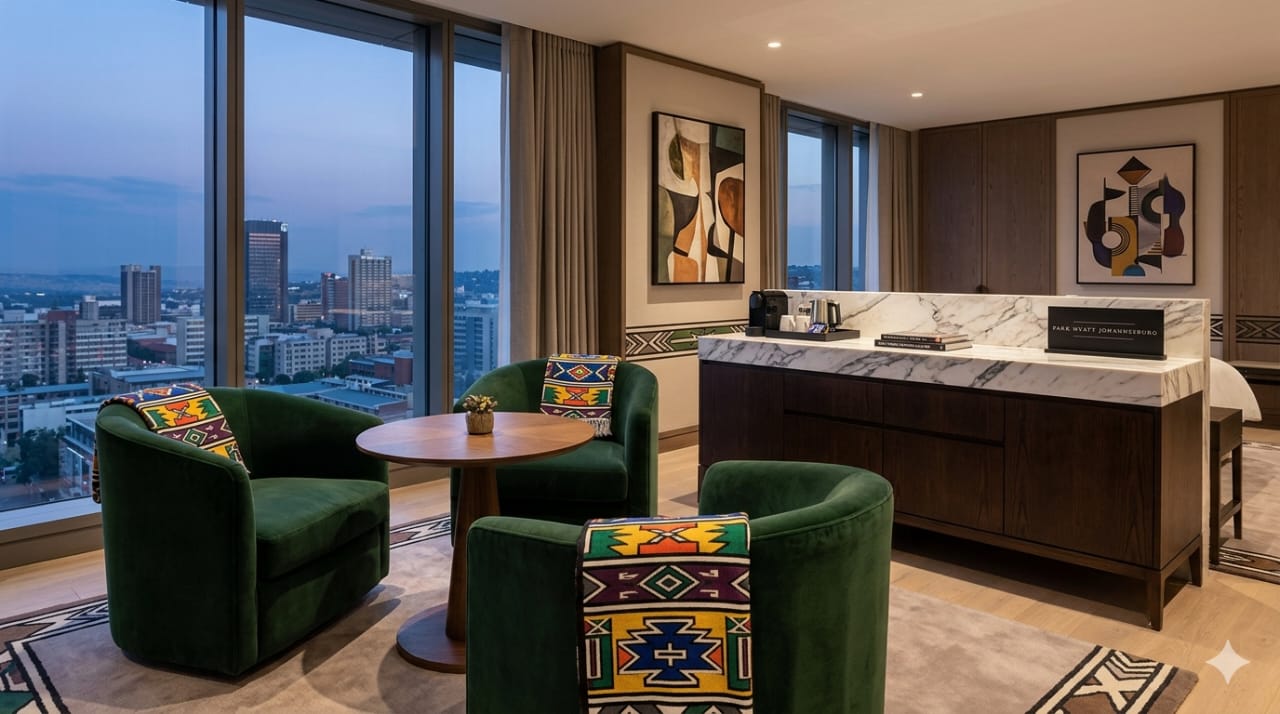 Interior room or suite shot of the Park Hyatt Johannesburg featuring Ndebele-patterned throws, green tub chairs, and marble-topped credenzas