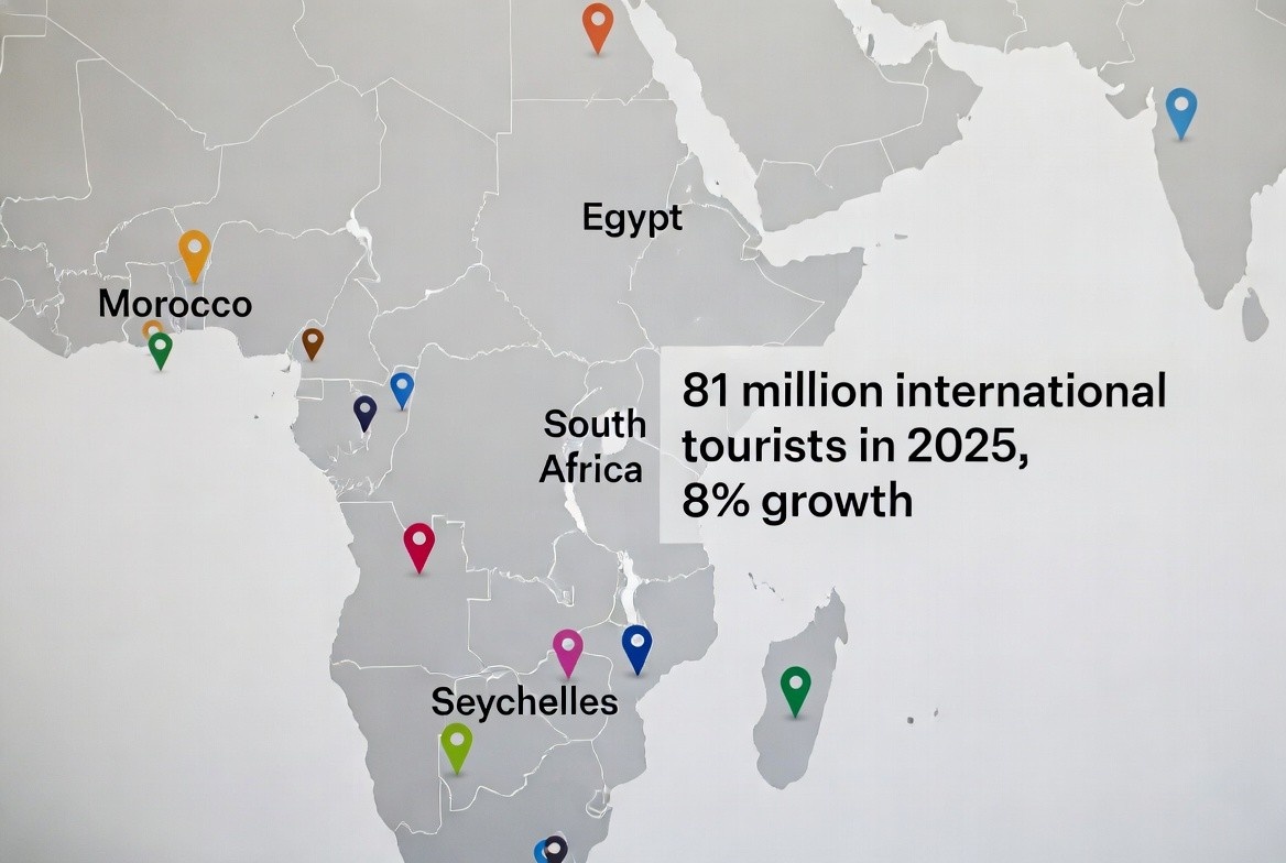 A continental map of Africa with coloured markers or growth indicators for key tourism performers, Morocco, Egypt, South Africa, and Seychelles