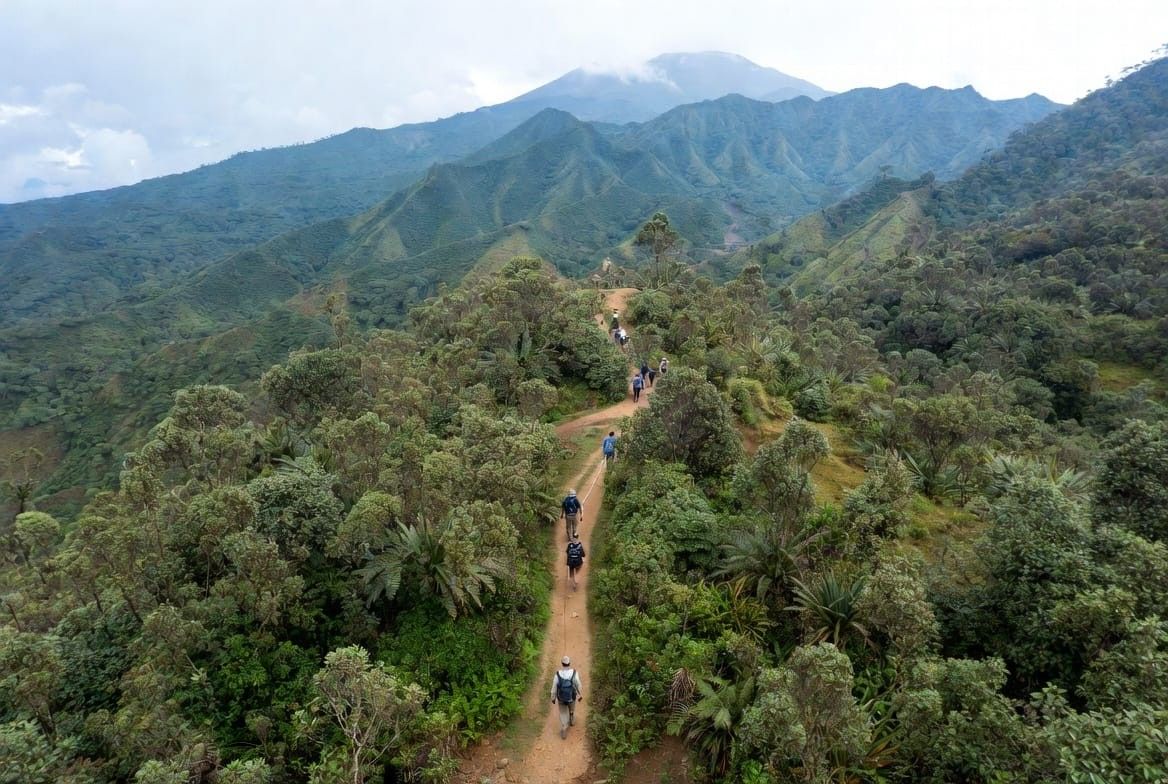 A small group of trekkers navigating forest trails in Volcanoes National Park .