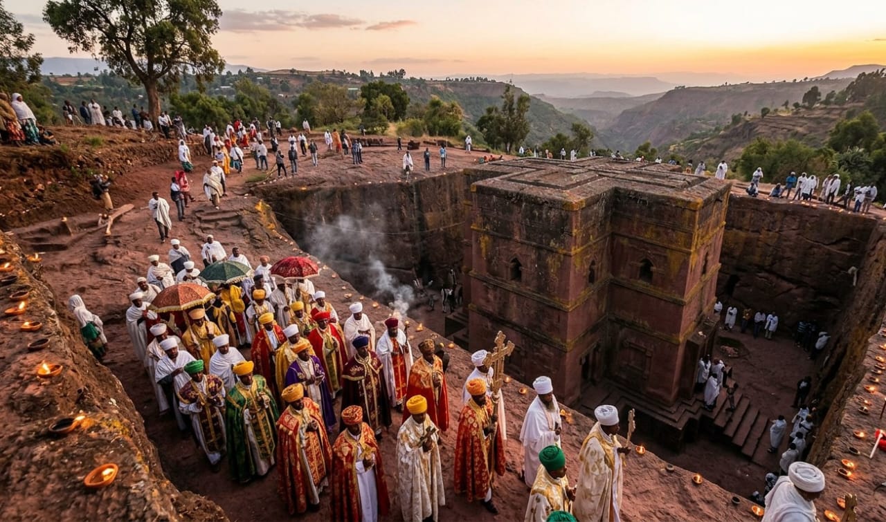 A religious gathering at one of the rock-hewn churches of Lalibela, Ethiopia