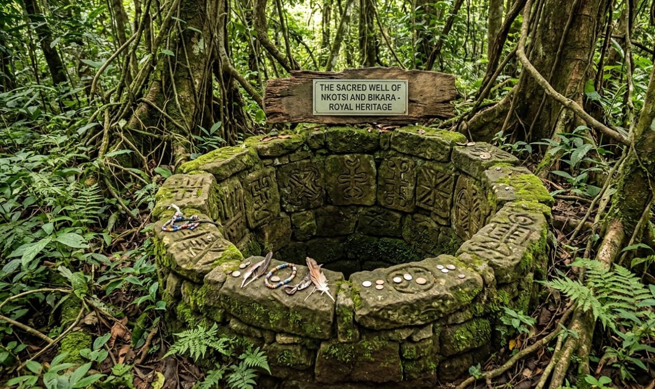 Ground-level photograph of the Well of Nkotsi and Bikara surrounded by forest undergrowth