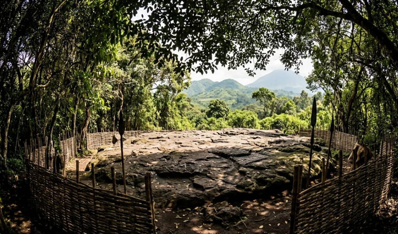 The lava rock, where coronation ceremonies were conducted, is framed within the forest canopy.