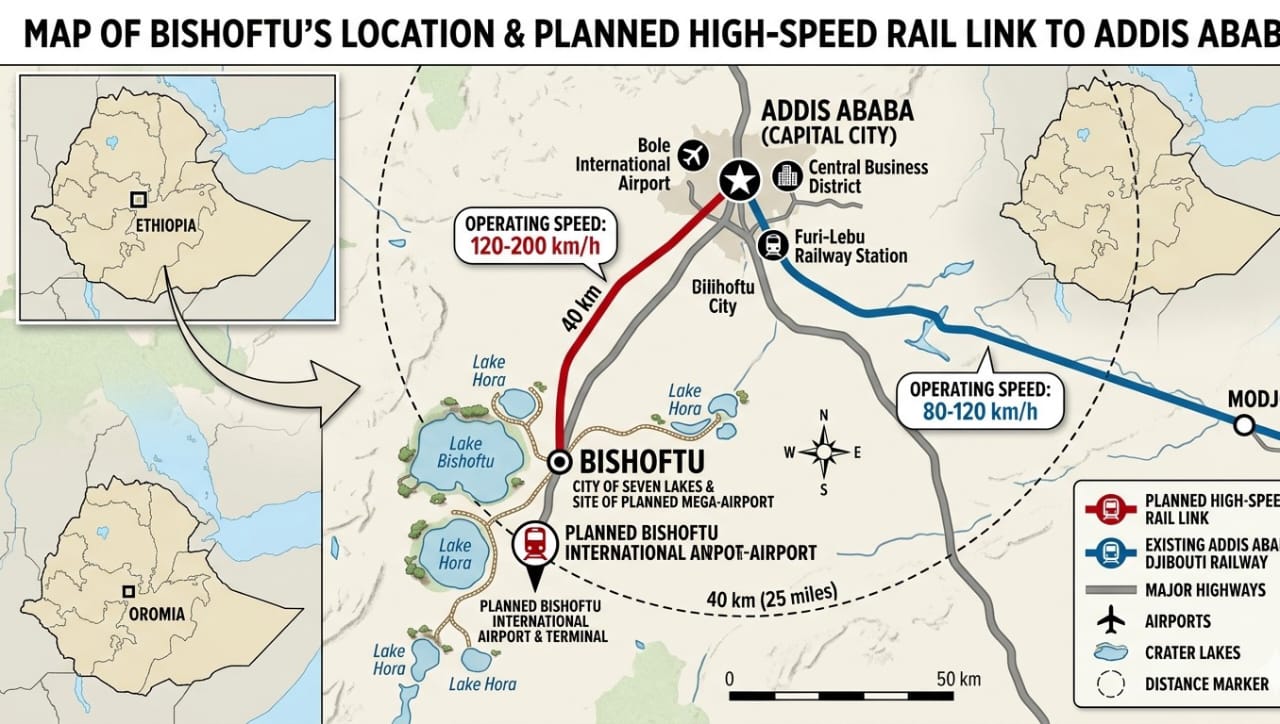 Map graphic of Bishoftu’s location, 40 km southwest of Addis Ababa, with the planned high-speed rail link to the capital marked.
