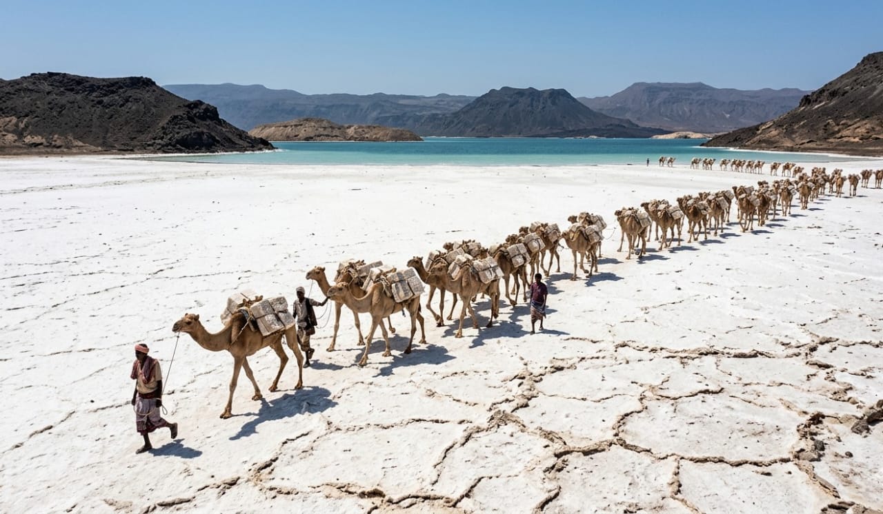 A camel caravan traversing the white salt flats near Lake Assal
