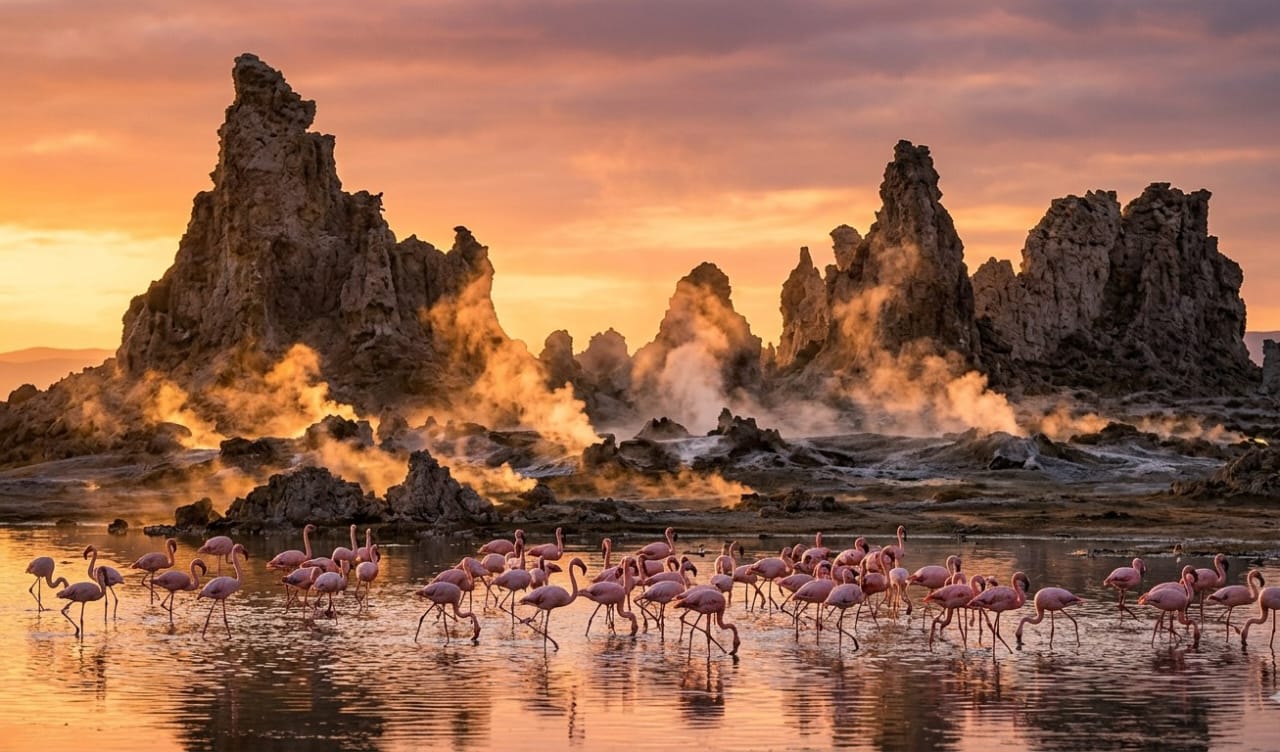 The limestone chimneys at Lake Abbe, backlit at golden hour with steam visible from geothermal vents and Flamingos in the foreground