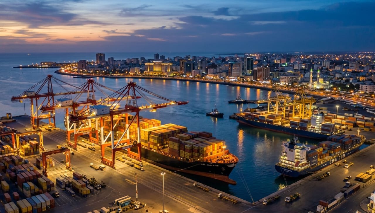Djibouti City's port at dusk, with a foreground of container ships and the urban skyline