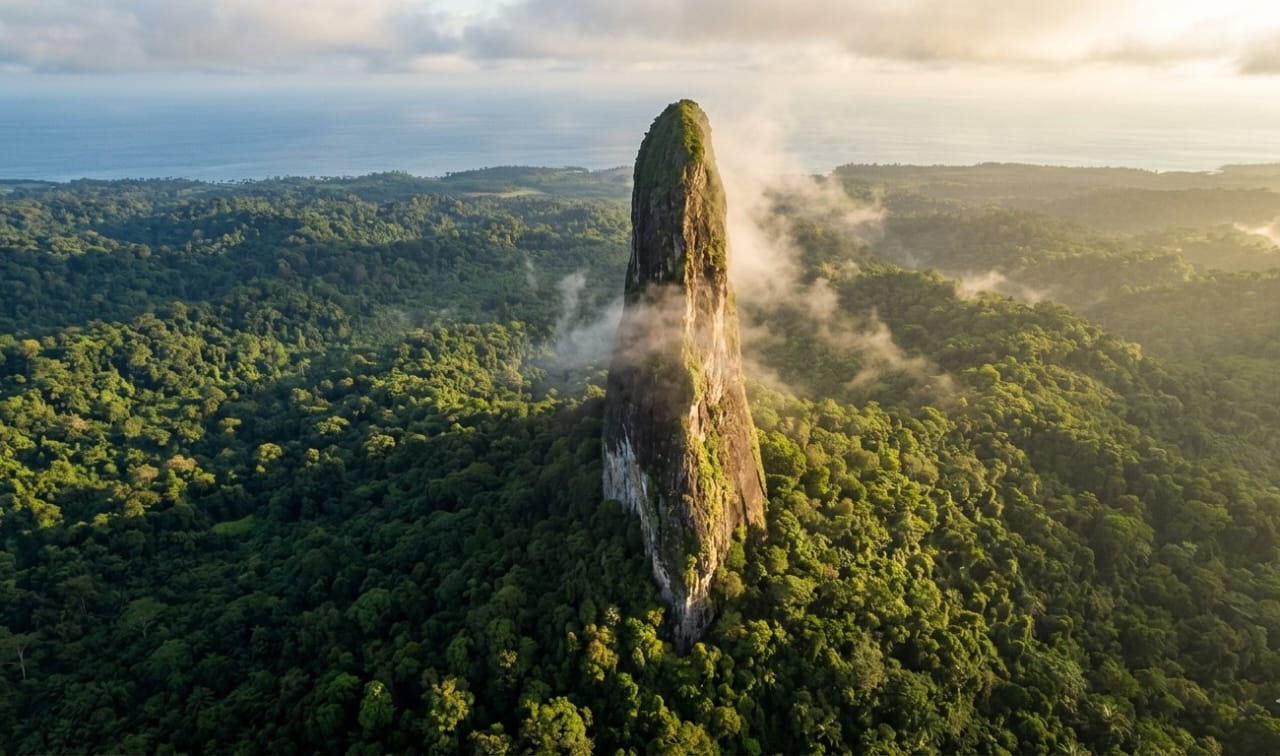 AeSão Tomé Island of Pico Cão Grande rising above rainforest canopy