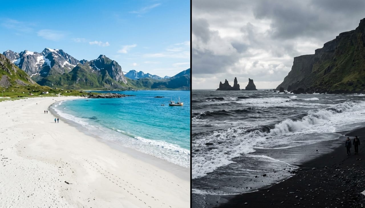 A Split frame of white northern sand beach versus the dark volcanic southern beach
