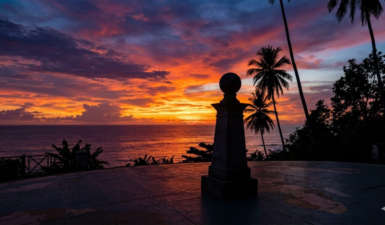 Equatorial sunset from Rolas Island, the equator monument in silhouette, orange and purple sky.