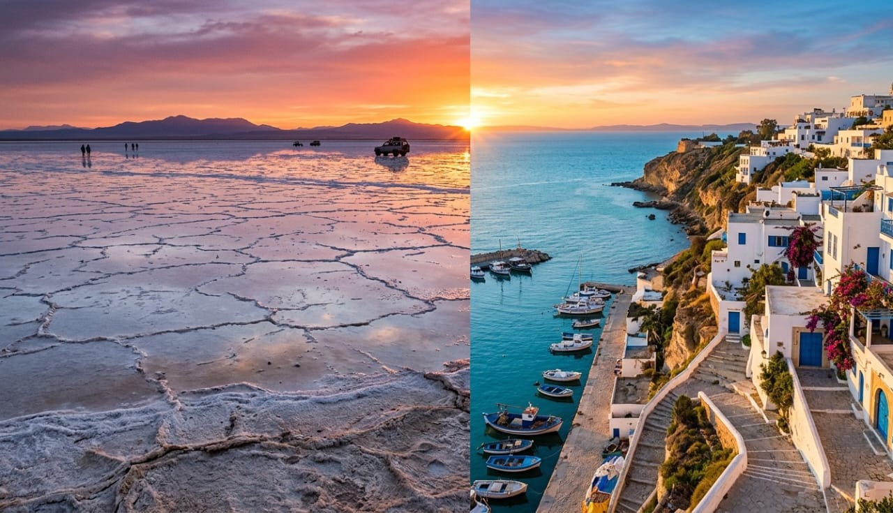 A dramatic split composite: Chott el-Jerid salt flats at sunrise on one half; Mediterranean coastline of Sidi Bou Saïd on the other