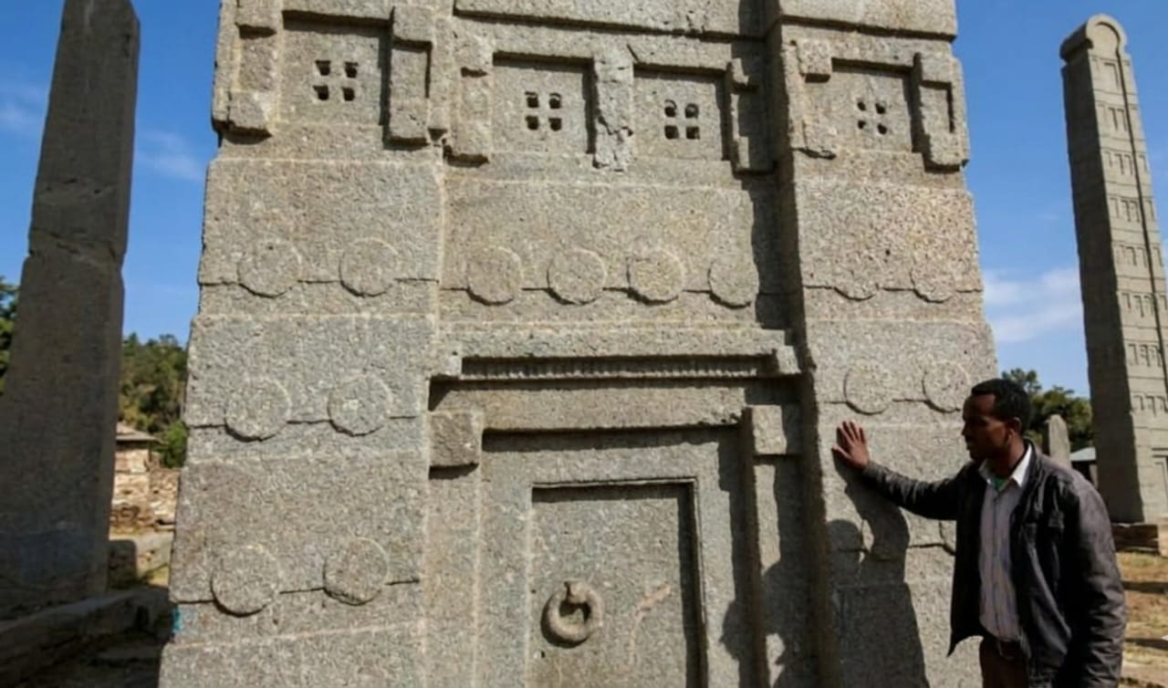 Close-up of the carved façade on King Ezana's Stele, showing the false door and window engravings
