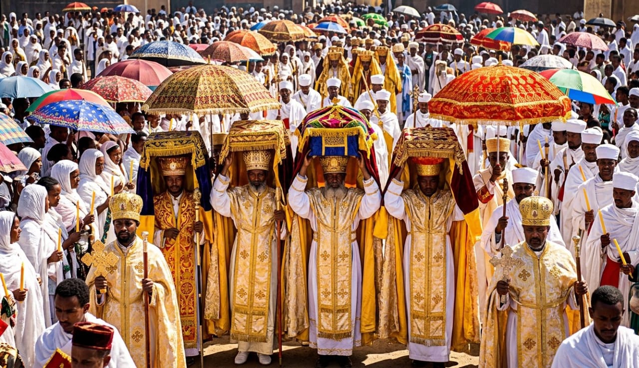 Timkat festival procession photograph; Orthodox priests in gold and white robes carrying the Tabot (replica Ark) through a crowd of worshippers