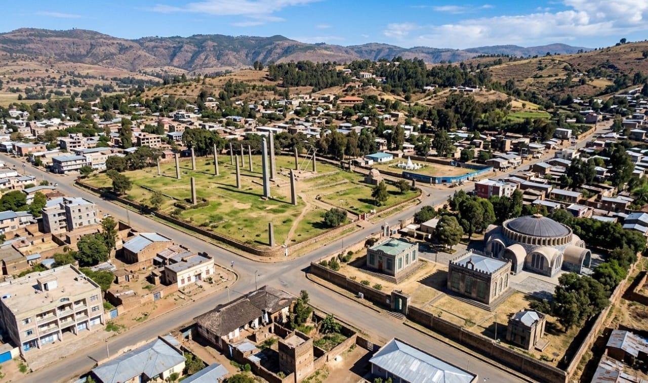 Drone shot of the Axum town layout showing the proximity of the stelae field to Saint Mary of Zion Church