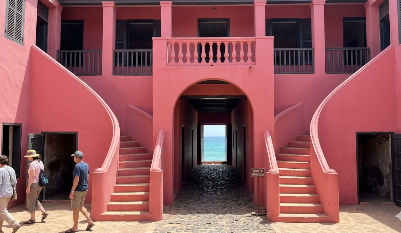 The pink facade of the Maison des Esclaves (House of Slaves) on Gorée Island, showing the narrow corridor leading to the Door of No Return