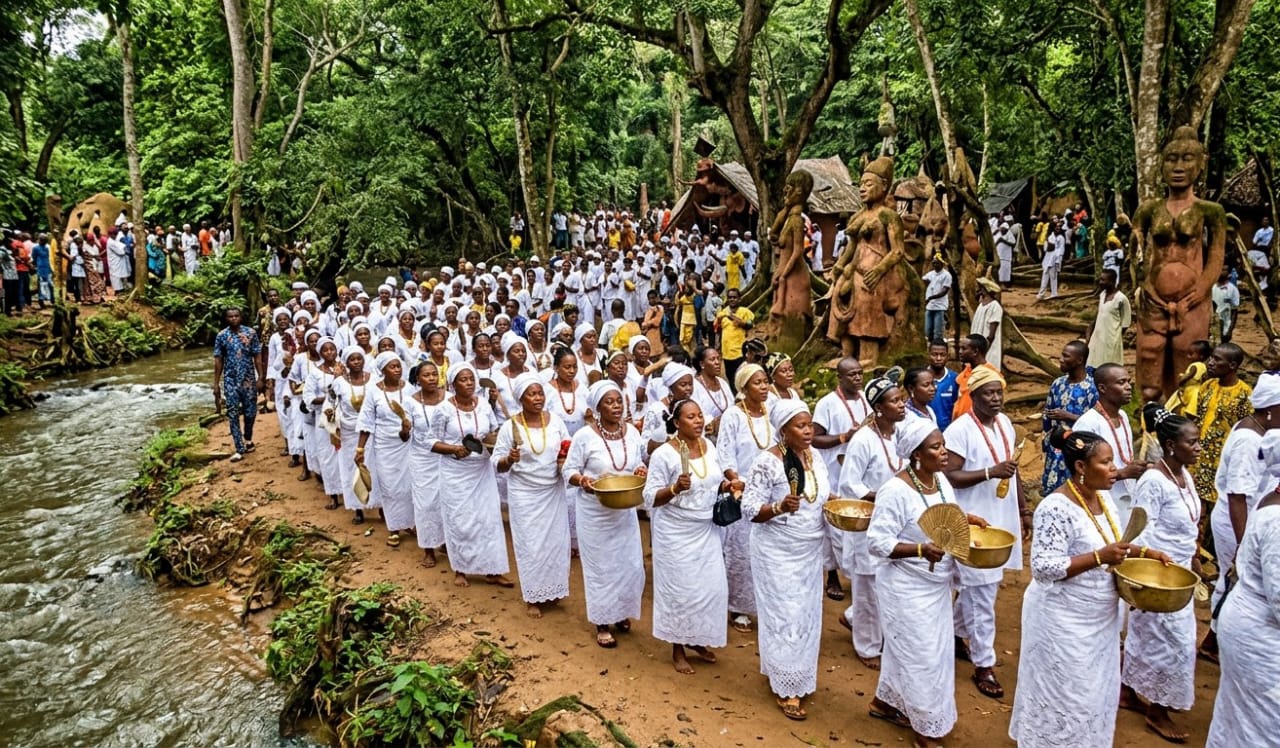 The Osun-Osogbo Grove with Devotees in white ceremonial attire processing along the river during the August festival
