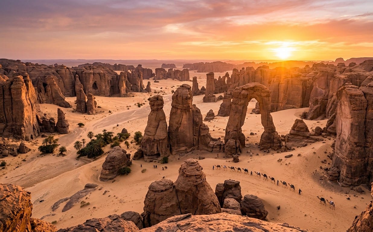 The Ennedi Plateau's sandstone rock formations at golden hour