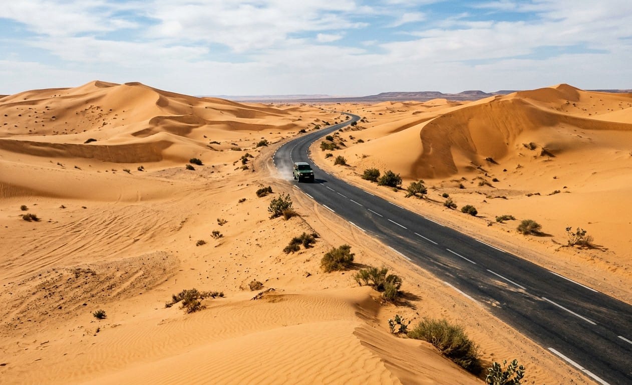 The asphalt road between Douz and Ksar Ghilane cuts through open dunes.
