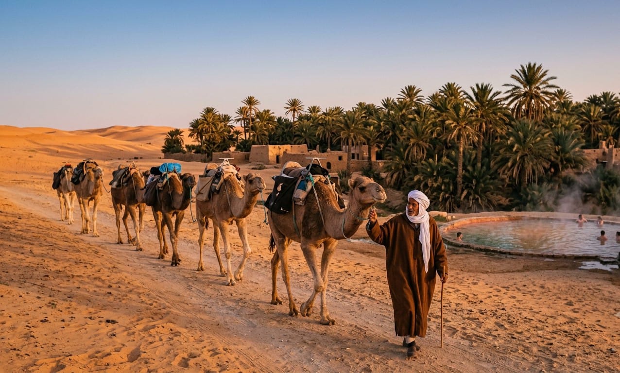 A local guide leading a camel train near Ksar Ghilane's oasis, with the palm grove and hot spring visible