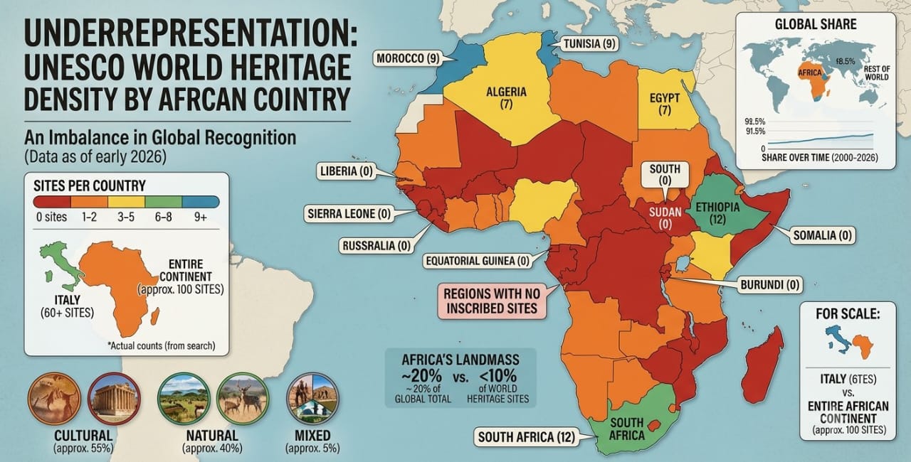 A map graphic showing current UNESCO World Heritage density by African countries