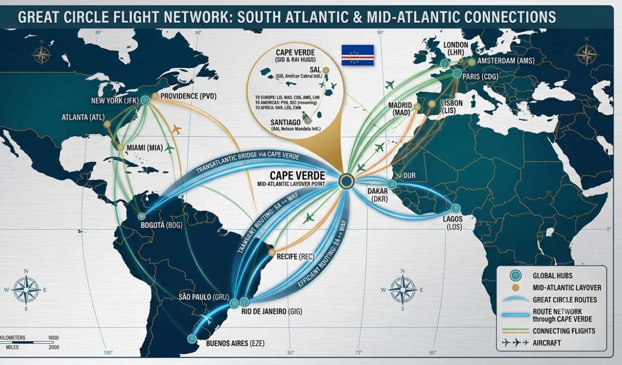 Strategic geographic positioning puts Cape Verde directly along major transatlantic flight paths.
