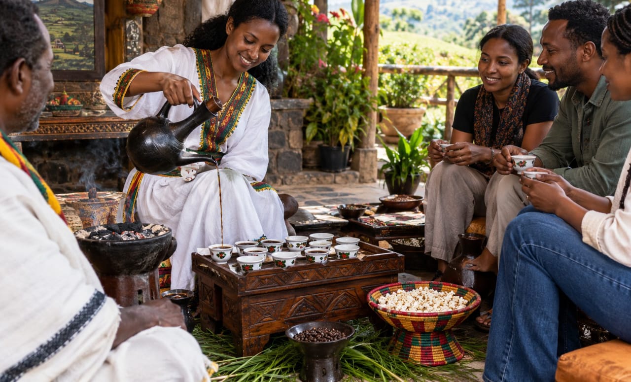 Coffee ceremony at a community lodge in Oromia, Ethiopia.