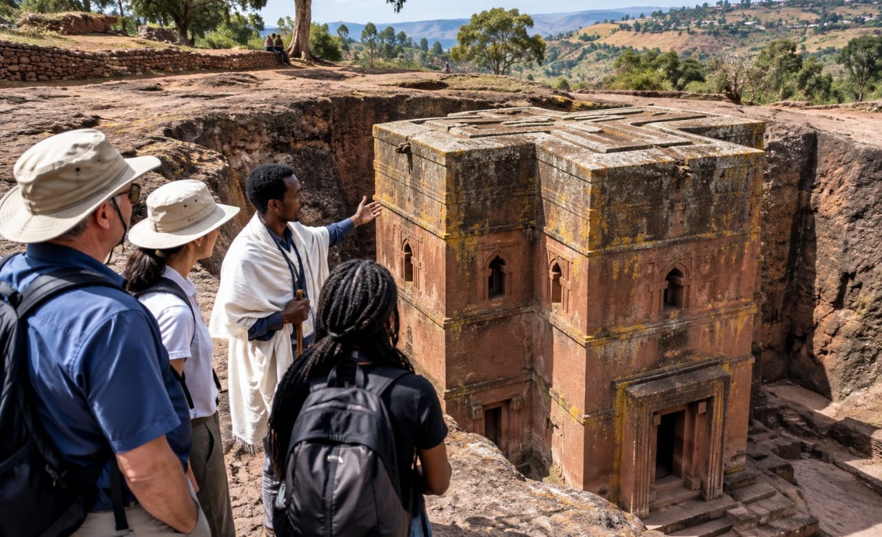 Visitors and guide at Lalibela rock-hewn church, Ethiopia.