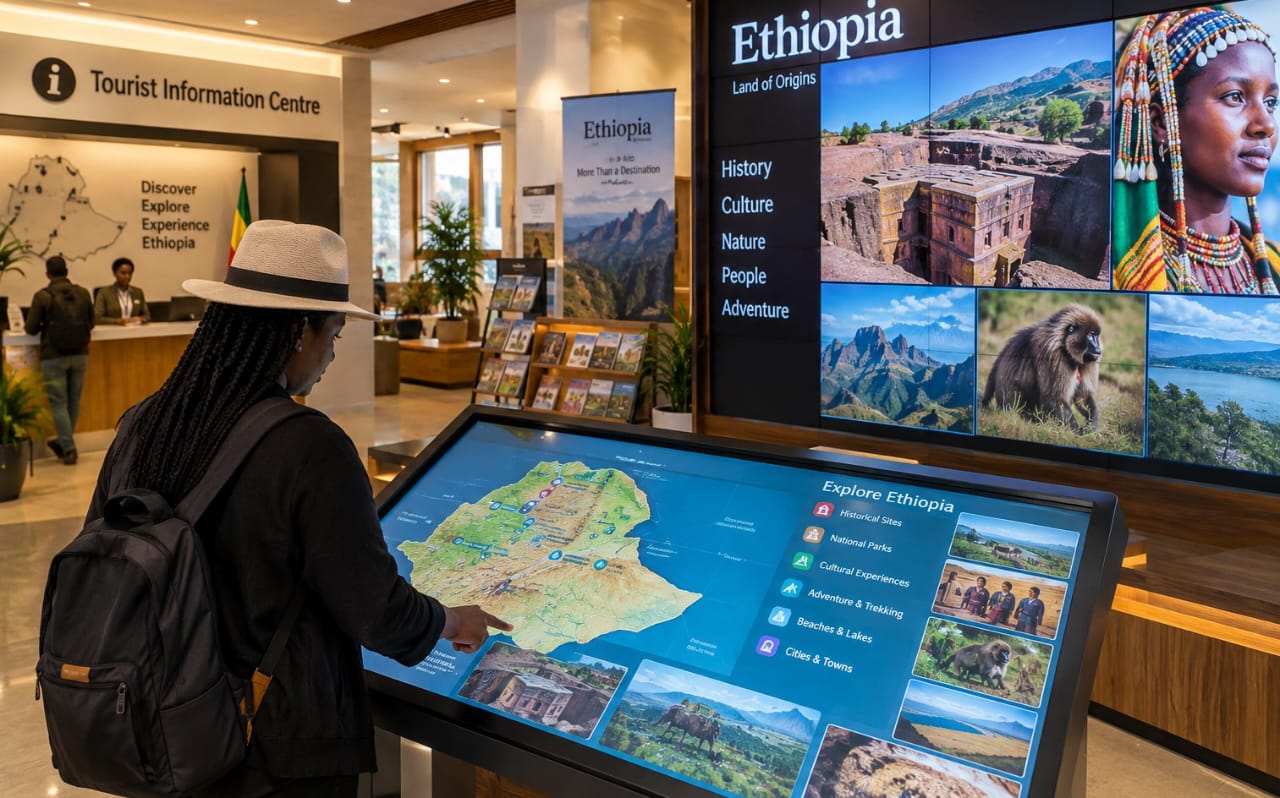 Visitor using digital tourism map at Addis Ababa airport information centre.