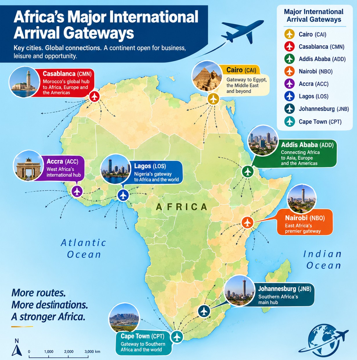 Flying into Africa: the main gateways connecting first-time visitors with the continent.