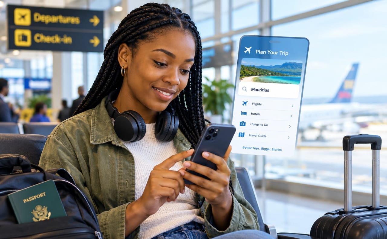 A young African traveller uses a smartphone at an airport while planning a trip. 