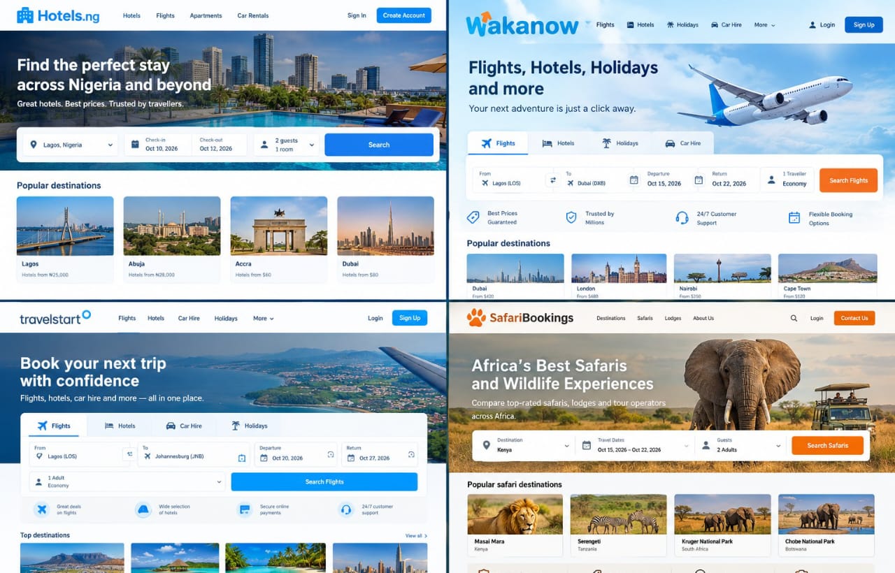 African travel technology platforms displaying hotel, flight and safari booking options