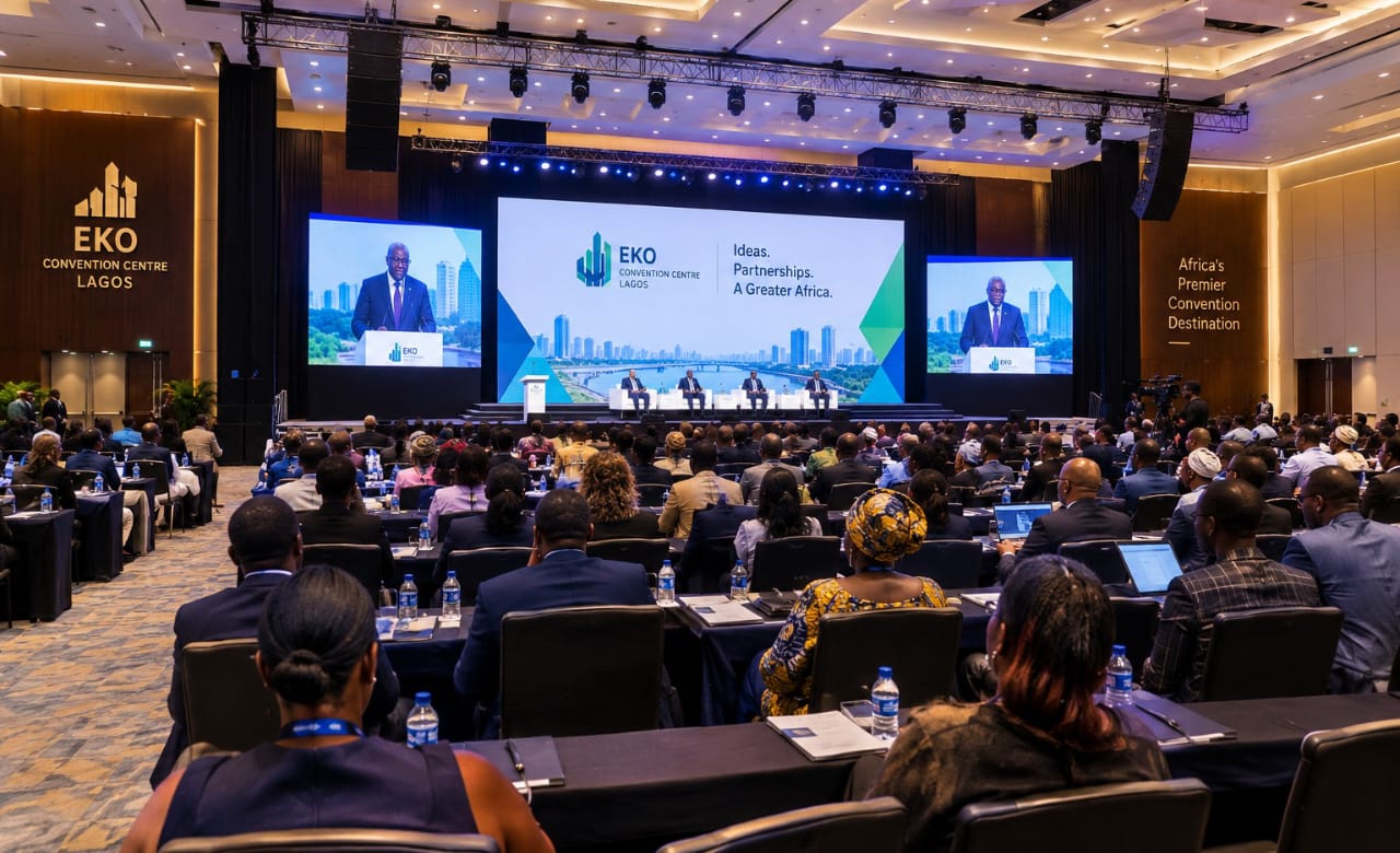 The interior of the Eko Convention Centre in Lagos, set up for a large conference.