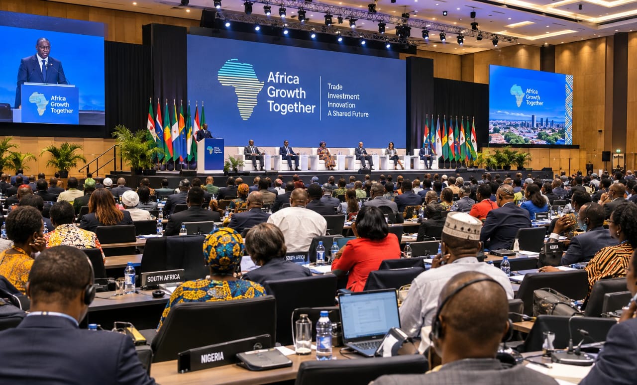 Delegates seated in a large conference hall during a plenary session at an African convention centre.